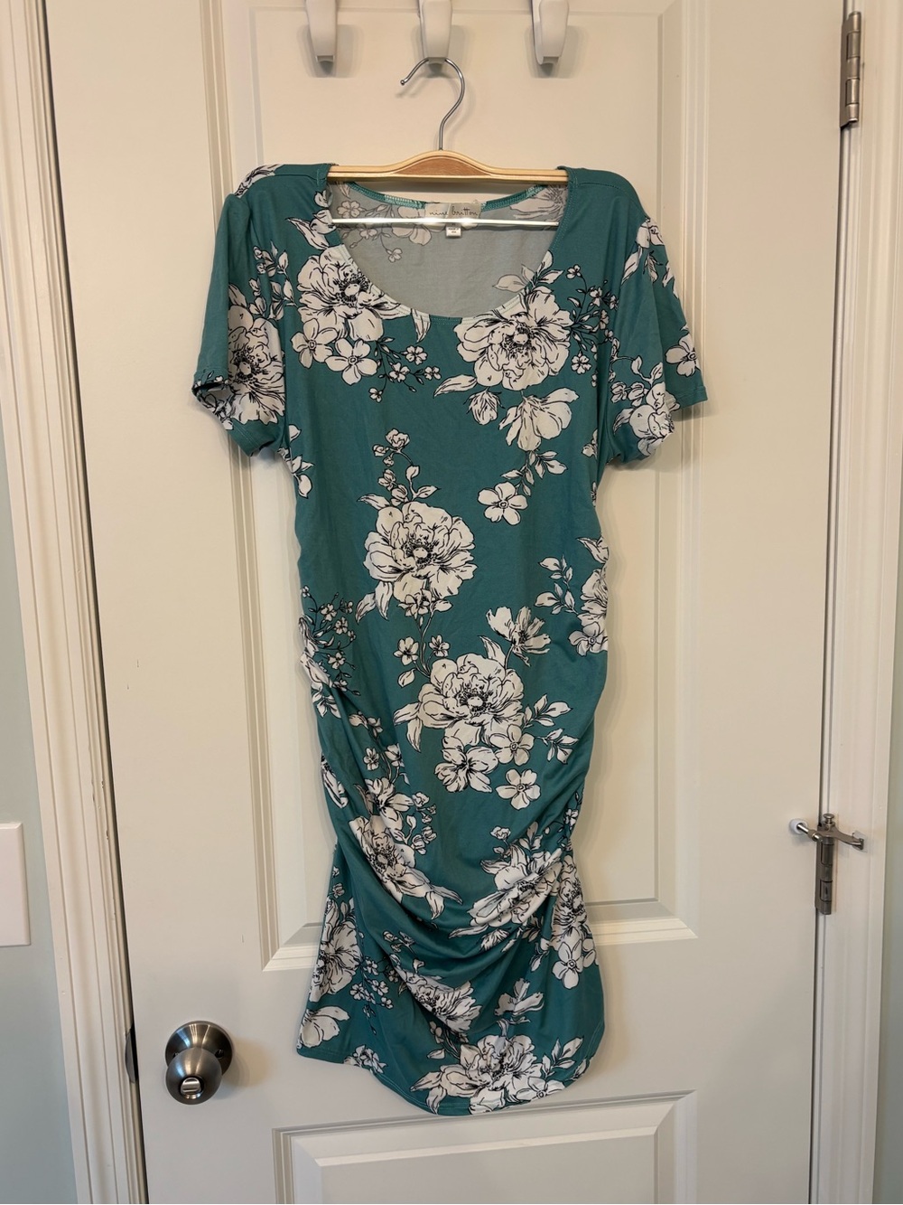 Floral Scoop Neck Teal Maternity Dress with White Blooms